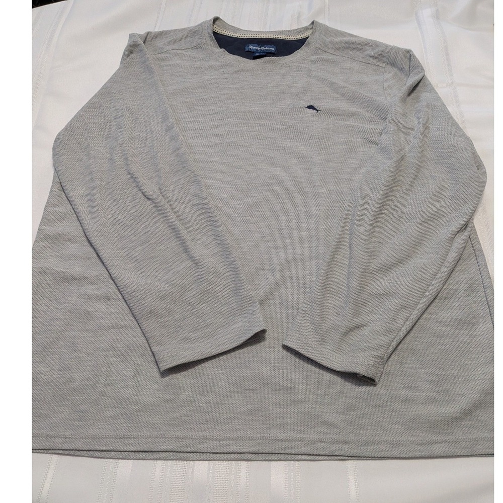 Tommy Bahama Mens XL Gray Waffle Knit Long Sleeve Marlin Logo Pullover Shirt